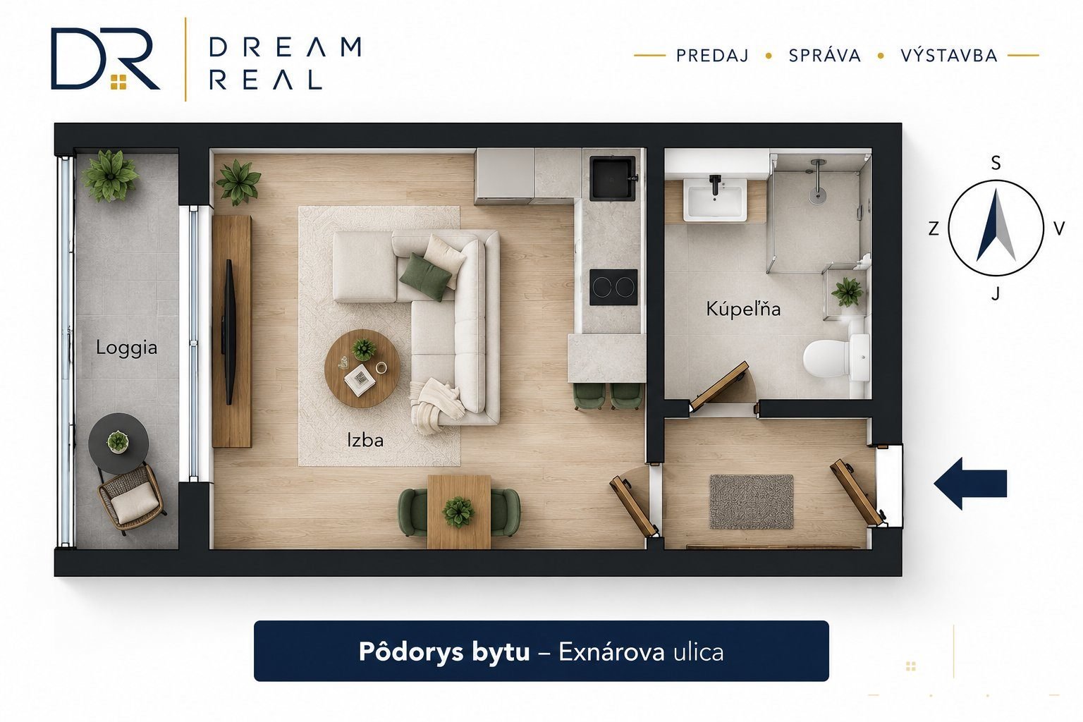 Zariadená garzónka s loggiou, Exnárova, Košice – Furča
